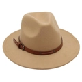 Detailed view of camel wool fedora hat featuring brown leather belt strap and metal buckle - Camel (Two Studs)