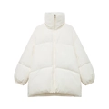Women's white puffer jacket with a high collar and silver metallic zipper closure - S / White