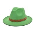 Detail of bright green fedora hat featuring a brown braided leather band and flat brim - M (56-58cm) / Grass Green