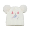 White unicorn knit hat for girls with double faux fur pom-poms and warm fleece lining - M (Head Circumference 54-58cm) / White Unicorn Embroidery