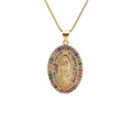 Golden oval Virgin Mary pendant necklace with colorful cubic zirconia on box chain - Oval Pendant-Box Chain / Gold-Multicolor Zirconia