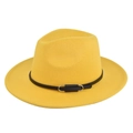 British style yellow wool felt fedora hat with a black leather band and metal buckle - M (56-58cm) / Yellow