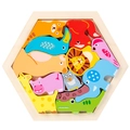 Wooden animal puzzle for kids with colorful cartoon shapes in a hexagonal frame - Large Hexagon - Forest