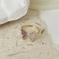 Golden butterfly open ring with purple enamel finish and small sparkling crystals - Purple Enamel Butterfly Open Ring
