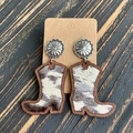Detailed view of cowboy boot earrings with leopard print inlay and floral silver studs - Faux Cowhide Texture