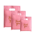 Pink plastic gift bags with gold Thank You script in small medium large sizes - 15*20cm / Pink with Gold Text