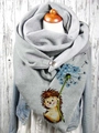 Grey fleece shawl scarf with hedgehog and dandelion prints featuring metal button closure - 25-Hedgehog Dandelion