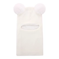 Detail of baby winter balaclava with dual faux fur pom-poms and warm fleece lining - White