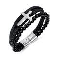 Handmade multilayer black leather bracelet for men featuring a steel cross and magnetic clasp - Silver Cross Multi-layer Leather Bracelet / Silver
