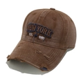 Detailed close-up of brown vintage wash baseball cap with New York 3D embroidery - M (56-58cm) / Brown