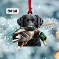 2D flat black Labrador with duck acrylic Christmas ornament and red velvet ribbon - Dog and Duck