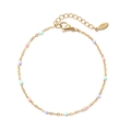 Gouden roestvrijstalen kralenarmband met roze en blauwe macaronkralen en een karabijnsluiting - Goud Zomerkleuren