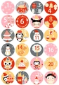 Set of 24 colorful round Christmas countdown stickers numbered 1 to 24 on white background - Red Owl Numbers