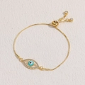 Adjustable golden Evil Eye bracelet with blue enamel and sparkling white zircons - Drawstring Style (BR0016)