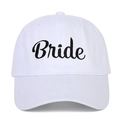 White cotton baseball cap featuring black embroidered Bride text for wedding parties - Groom (GROOM) / White