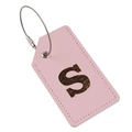 Pink PU leather luggage tag featuring a gold letter S and metal wire loop fastener - Letter S
