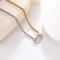 Detail of two-tone gold and silver box chain necklace with textured oval pendant - Steel Color Pendant (Total Length 48cm)