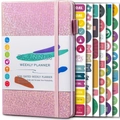 Pink glitter non-dated weekly planner with colorful goal setting productivity stickers - Notebook + 6 Sheets Stickers / Pink