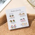 Detalle de seis pares de pendientes de dibujos animados en tarjeta de la semana - Juego de Animales de Dibujos Animados y Arcoíris (E0419-1)