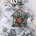 Mini wooden house Christmas wreath with pine needles and red berries on white tree - Pine Needle Hanging-Red Berry House Style