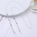 Silver evil eye glasses chain with blue enamel charms and white faux pearls - 1178 (Silver/White Eye)