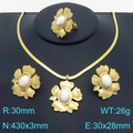 Three-piece gold stainless steel jewelry set with flower hollows and oval pearls - Gold Pearl Flower 3-Piece Set (KS226959-LX)