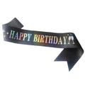 Black satin birthday sash with holographic laser text and stars for party celebration - Set / Black Strap