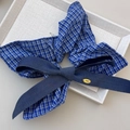 Blue checkered hair scrunchie with denim bow and gold-toned mini brand tag detail - Dark Blue Plaid Bow (Approx. 18cm)
