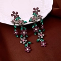 Detail of drop earrings featuring sparkling cubic zirconia flowers in rose red and green - Silver-Multicolor (Jeweled Long Flower)