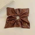 Brown leather square scrunchie with a gold heart pendant and engraved detail - Brown Faux Leather Square