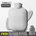 Coral Gray 1000ml hot water bottle with soft plush faux rabbit fur cover set - Coral Grey Water Bag + Faux Rabbit Fur Cover / 500ml (Small)