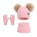 Pink winter knit set for kids with double pom-pom hat, scarf, and touch gloves - Three-Piece Set / Pink