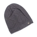 Detailed view of dark grey knitted beanie featuring diamond texture and metal plate - Gray