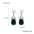 Vintage pearl drop earrings with dark green resin pendant and silver metal details - F1119 Steel Green Resin Drop
