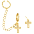 Golden asymmetrical cross stud earrings set with chain cuff and sparkling zircon stones - Cross