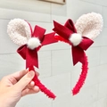 Detail of red plush Christmas headband featuring velvet bow and soft white fur balls - Christmas Deer Ears Style