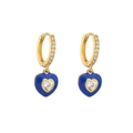 Detail of heart drop earrings with blue enamel and zircon inlay on gold band - Dark Blue Heart