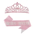 Pink Birthday Princess set with sparkling rhinestone tiara and glittery sash for women - Pink Birthday Crown Sash Set