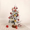 Mini PE flocked Christmas tree with wood base, red and gold ornaments, and gold logo - 60cm Red Gold 32-Piece Set With Lights
