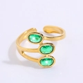 Adjustable golden titanium steel ring featuring three oval emerald green gemstones - Three Emerald Style (JZ23-1)
