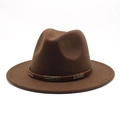 Close-up of wide brim wool fedora hat with studded ribbon and vintage gold buckle - M(56-58cm) / Coffee