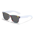 Kinder Sonnenbrille mit buntem Dinosaurier-Druck und hellblauen Bügeln - Dunkelblauer Rahmen Hellblaue Bügel