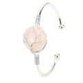 Detail of silver wire wrapped pink crystal rose quartz tree of life charm on open bangle - Silver + Rose Quartz