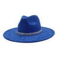 Detailed texture of blue suede fedora with sparkling rhinestone band on white background - 58 / Sapphire Blue