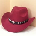 Classic wine red wool felt cowboy hat with silver bull head emblem and black band - M (56-58cm) / Wine Red (Black Bull Head Band)