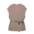 Top a portafoglio estivo da donna in misto lino con scollo a V e cintura in kaki - Taglia S / Top
