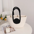 Chic beige hand-woven cotton tote bag with black round handles for beach summer vacations - White/Black