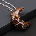 Close-up of crescent moon necklace with brown tiger eye stone and silver wire tree of life - Tiger Eye Moon Pendant-Stainless Steel Chain