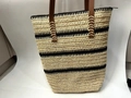 Handwoven tote bag featuring beige and black stripes with premium brown leather handles - Black Beige Wide Stripe
