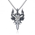 Gothic silver sword and dragon pendant necklace with a clear gemstone on a woven chain - White + Stainless Steel Chain